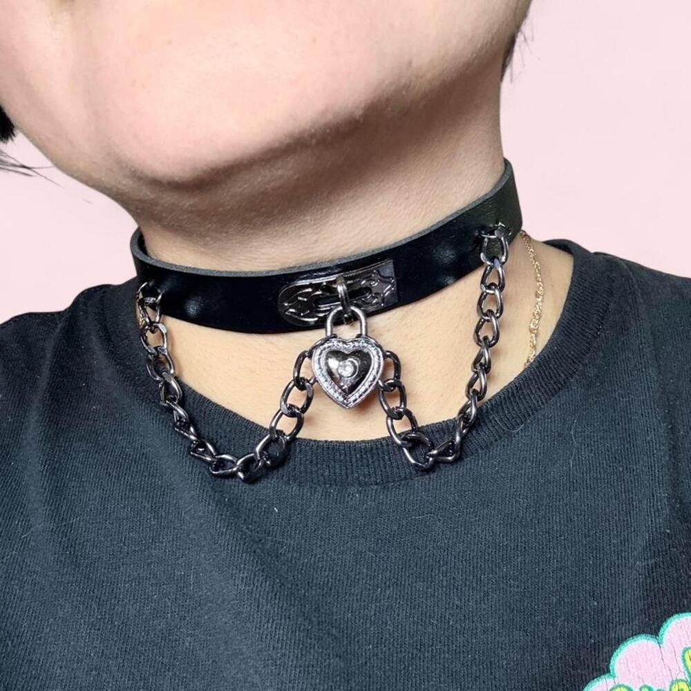 Black faux leather choker featuring gunmetal chain goth grunge punk emo alt